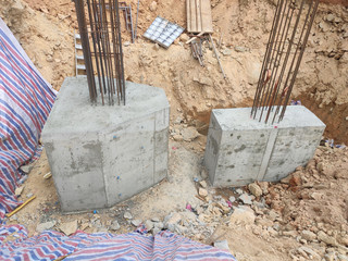 Pile cap and column stump under construction at the construction site. Constructed using reinforced...