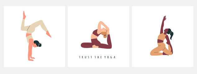 Fototapeta premium Set of women wearing sportswear doing Yoga. Girls in colorful clothes working out. Hand drawn colored Vector illustrations. Weight Loss. Health care and lifestyle concept. Calmness and relax