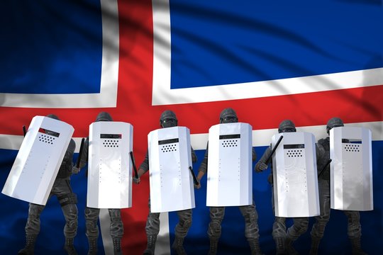 Iceland police squad protecting country against disorder - protest stopping concept, military 3D Illustration on flag background