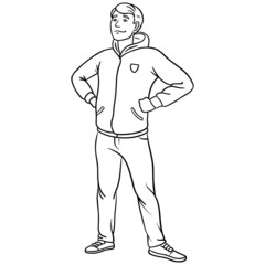proud young man with hands on hips and smiling. outline drawing, character, school.