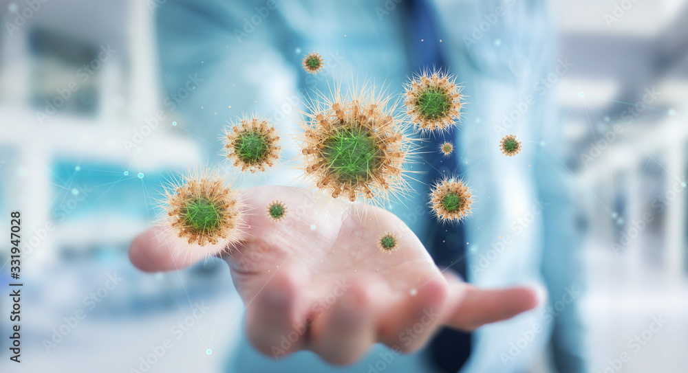 Poster Man on blurred background analyzing coronavirus close-up 3D rendering