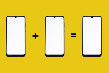 Three smartphones with a blank screen and plus and equal signs on a yellow background.