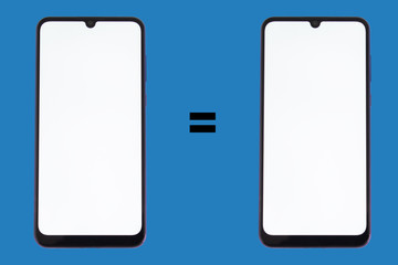 Two smartphones with white displays on a blue background with an equal sign in the middle.