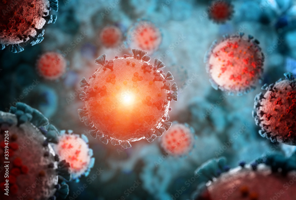 Poster microscope close-up of the coronavirus covid-19 disease. 2019-ncov spreading in body. 3d rendering o