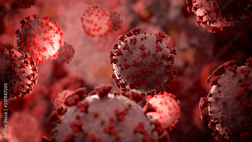 Poster microscope close-up of the coronavirus covid-19 disease. 2019-ncov spreading in body. 3d rendering o