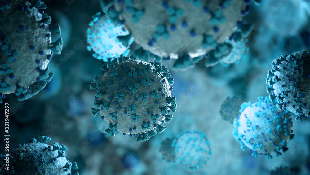 Poster microscope close-up of the coronavirus covid-19 disease. 2019-ncov spreading in body. 3d rendering o