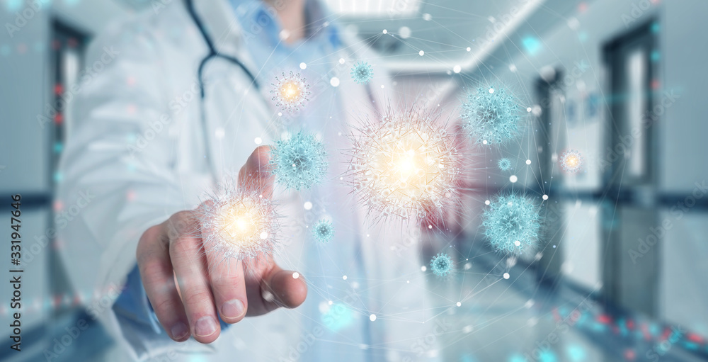Aufkleber doctor analyzing coronavirus on microscopic close-up 3d rendering