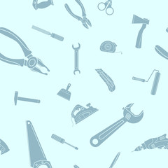 Obraz premium Work tool - Vector background (seamless pattern) of silhouettes hammer, wrench, screwdriver, pliers, spanner, drill, axe and knife for graphic design
