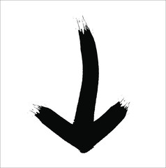Black forward, ahead or downward painted marker pen drawn arrow icon sketched as vector symbol.