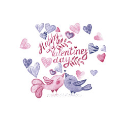 watercolor kissing birds in a big heart made of hearts with the inscription Happy Valentine's Day