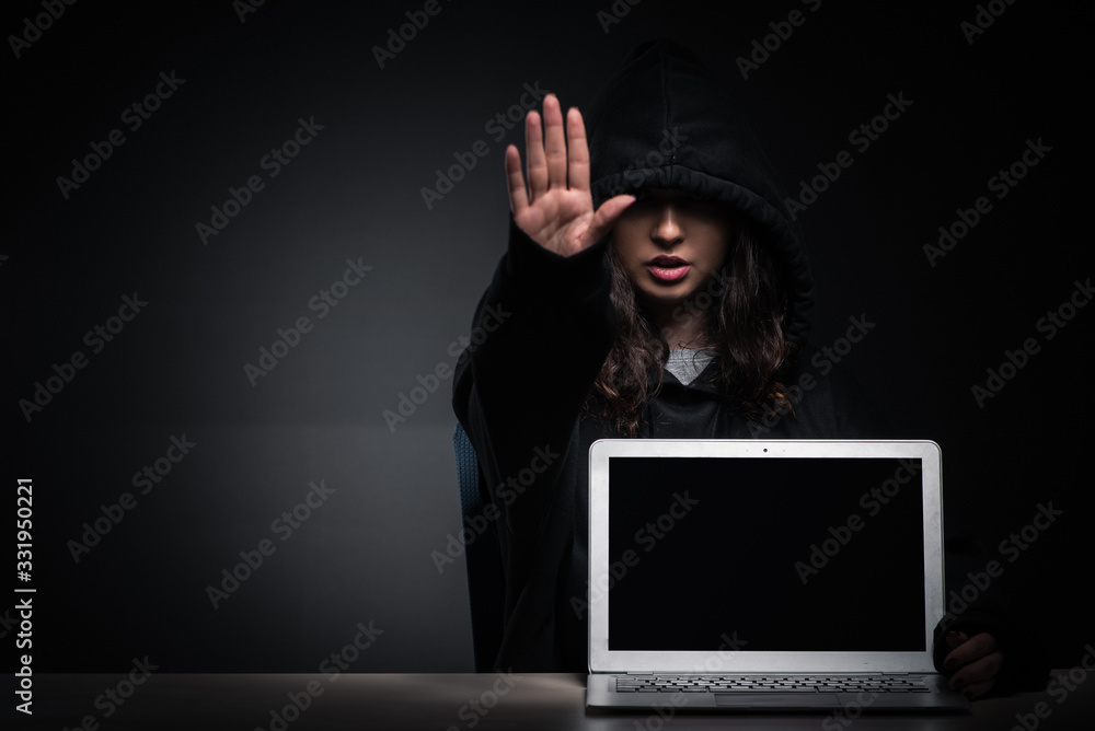 Poster female hacker hacking security firewall late in office