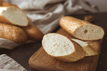 French baked baguettes. Slices of sliced bread.