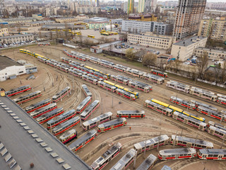Trams on the territory of the tram electric depot in Kiev. Aerial drone view.