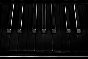 All black piano keyboard, close up of keys.