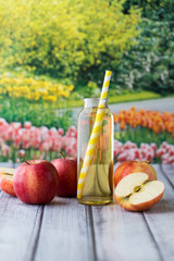 A close up view of a bottle of fresh apple juice surrounded by apples against a garden background.