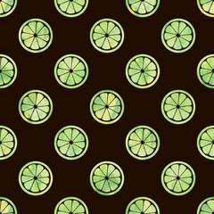 Watercolor sliced ​​limes on black background. Seamless pattern. Watercolor illustration.