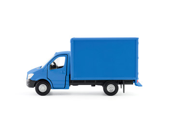Blue cargo delivery truck side view on white background