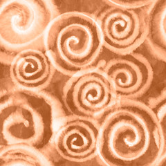 Watercolor brown spiral abstract background with splashes, drops. Hand-painted texture. Seamless pattern. Watercolor stock illustration. Design for backgrounds, wallpapers, covers, textile, packaging.