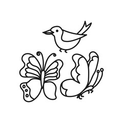 Fototapeta premium Set of vector butterfly and bird simple. Kids outline illustration on a white background.