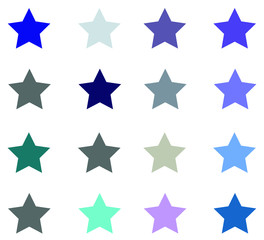 16 cool solid colored star vector icon set on white background. Water, soft theme or concept..