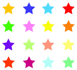 16 bright vibrant solid colored star vector icon set on white background. Education, exciting, birthday concepts.