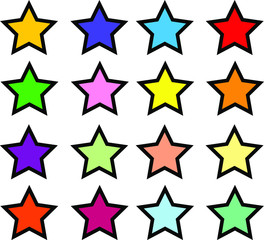 16 bright vibrant solid colored star vector icon set on with black borders. Education, exciting, birthday concepts.