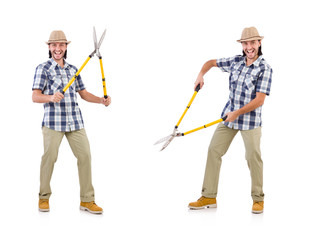 Funny guy with garden shears on white