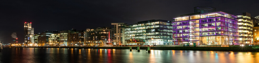 Beautiful night view scene Dublin city center old town Ireland cityscape reflection river Liffey  long exposure 