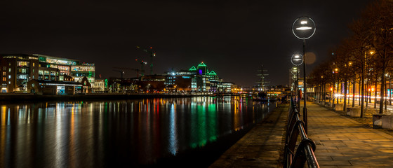 Beautiful night view scene Dublin city center old town Ireland cityscape reflection river Liffey  long exposure 