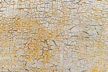 Old white paint is peeled and crumbled from a rusty metal plate.