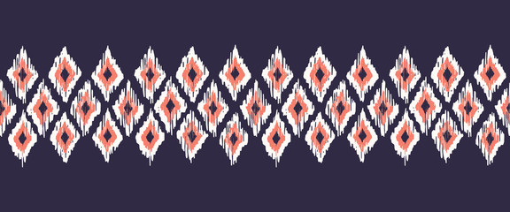 Hand-Drawn Red, Indigo and White Traditional Ikat Diamonds Vector Seamless Pattern Horizontal Border. Modern Retro Woven Geometric Print, Perfect for Textiles, Fashion, Background. Tribal Boho Texture