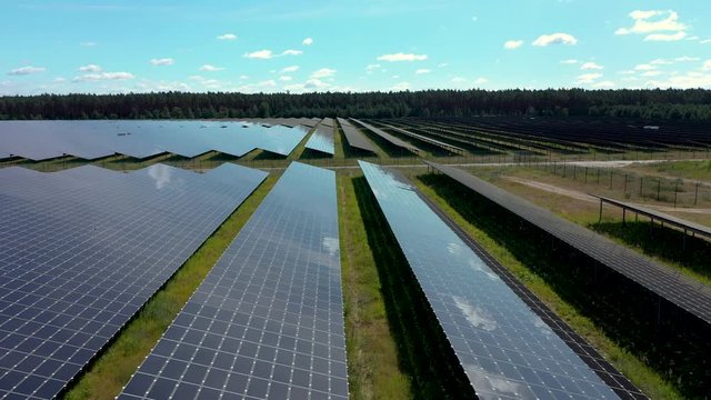 Drone footage of solar power station build on airport field in Templin, Germany