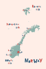 Vector map of Norway. Country map with with city names and capital Oslo. Vector template for poster, website, design, cover, infographics. Graph illustration.