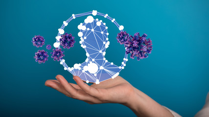 Hologram of coronavirus COVID-2019 on a blue futuristic background. Deadly type of virus 2019-nCoV. 3D models of coronavirus bacteria. Vectonic illustration in HUD style.