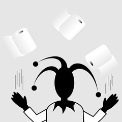 A jester juggles rolls of toilet paper in a humorous illustration.