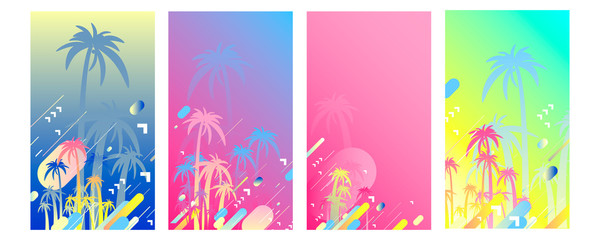 Fototapeta na wymiar Abstract set summer background universal art header template. Collage made with palm tree drawings of fun circles and colorful neon elements