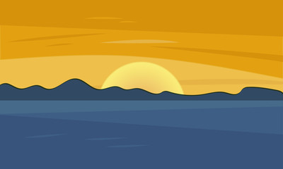 Sunset sea. Landscape of ocean with sky, waves and water. Coastline silhouette on horizon. Evening or morning view. Vector illustration