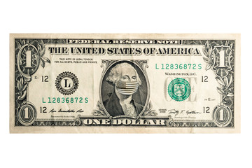 One dollar concept with George Washington masked by a virus. Coronavirus protection. Horizontal frame