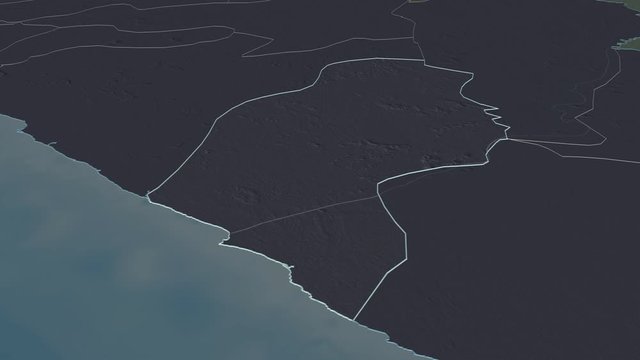 River Cess, county with its capital, zoomed and extruded on the administrative map of Liberia in the conformal Stereographic projection. Animation 3D
