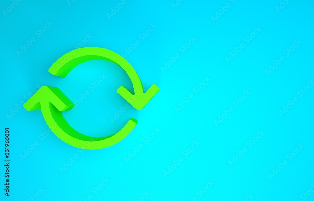 Poster green refresh icon isolated on blue background. reload symbol. rotation arrows in a circle sign. min
