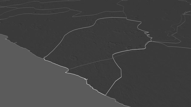 River Cess, county with its capital, zoomed and extruded on the bilevel map of Liberia in the conformal Stereographic projection. Animation 3D