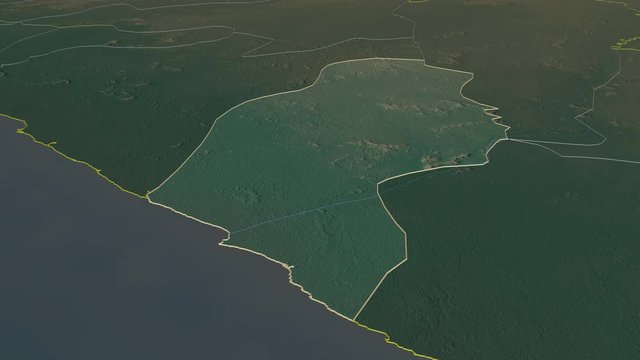 River Cess, county with its capital, zoomed and extruded on the relief map of Liberia in the conformal Stereographic projection. Animation 3D