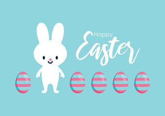 Happy Easter bunny with eggs vector.  White Easter bunny vector. Happy Easter Poster. Easter greeting card with cute bunny