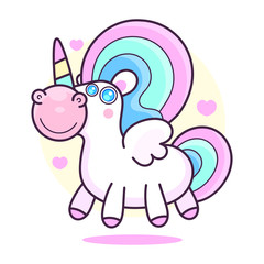 Cute unicorn .Vector cartoon character illustration.Design for child card,t-shirt.Girls,kid.magic concept.Isolated on white background.Cute unicorn horse with gold horn and beauty rainbow hair