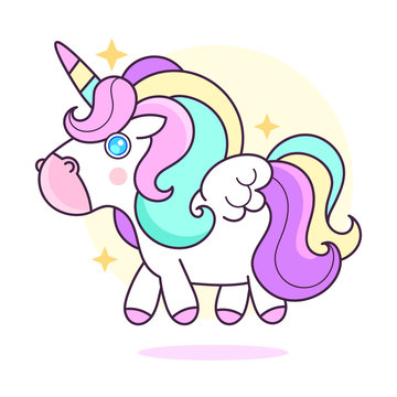 Cute unicorn .Vector cartoon character illustration.Design for child card,t-shirt.Girls,kid.magic concept.Isolated on white background.Cute unicorn horse with gold horn and beauty rainbow hair