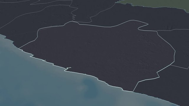 Sinoe, county with its capital, zoomed and extruded on the administrative map of Liberia in the conformal Stereographic projection. Animation 3D