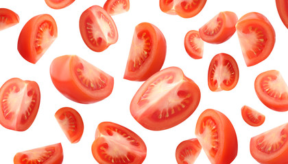 flying tomatoes isolated on a white background with a clipping path.