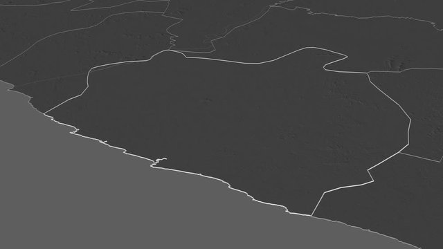 Sinoe, county with its capital, zoomed and extruded on the bilevel map of Liberia in the conformal Stereographic projection. Animation 3D