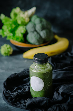 Fresh organic green smoothie as healthy drink. Healthy food and diet concept, restaurant dish delivery. Take away of fitness meal.