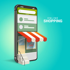 3D Online Shopping on Websites or Mobile Applications Concepts of Vector Marketing and Digital Marketing. with isometric smartphone design and perspective illustration. for online store promotion. - obrazy, fototapety, plakaty